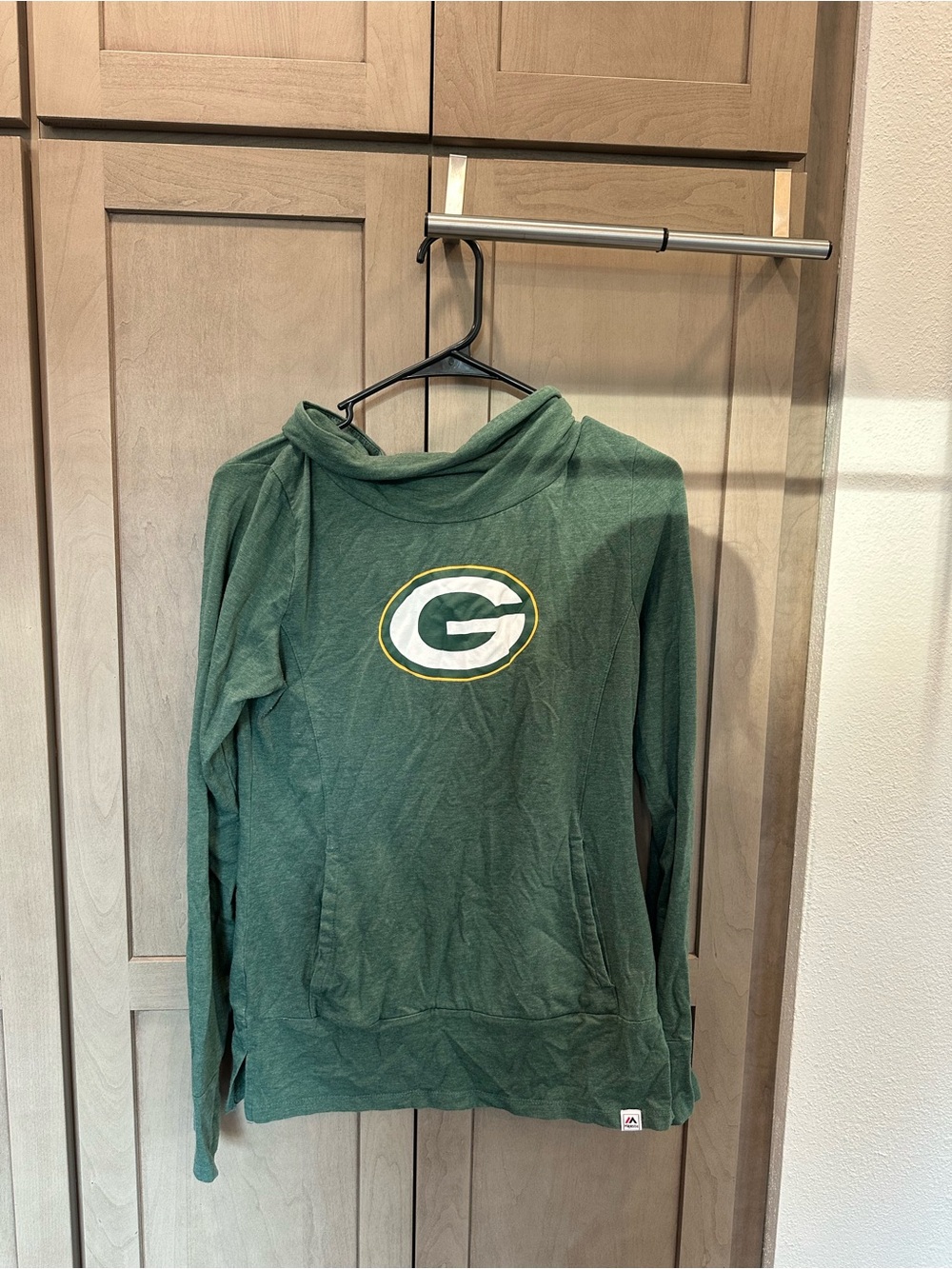 Majestic Green Hooded Pullover with Packers logo.